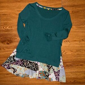 Anthropologie Little Yellow Button Sweater Tunic w Floral Multicolor Skirted Hem